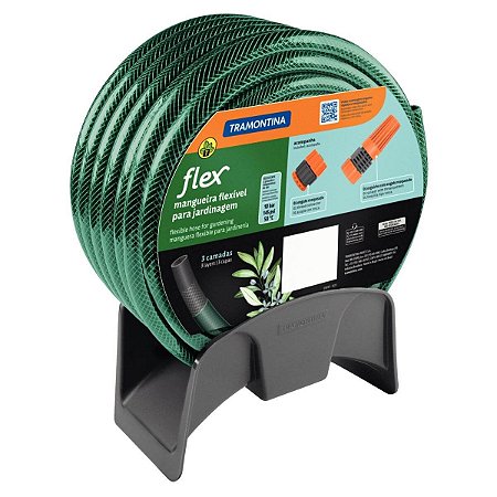 Mangueira Flex Tramontina 79322/200 Verde em PVC 3 Camadas 20m com Engate Rosqueado, Esguicho e Suporte Mural