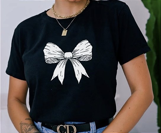 Blusa Feminina T-shirt Preta Laço