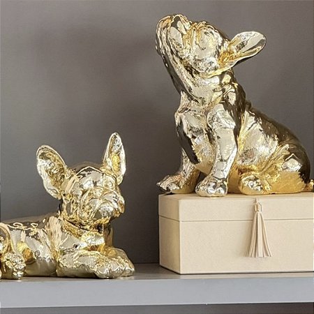 Conjunto de 2 Esculturas em Resina Cachorro Dourado 19x26cm e 25x23cm
