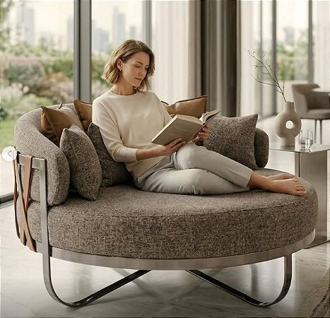 POLTRONA CHAISE AZALEIA COM DETALHES EM COURO 130cm