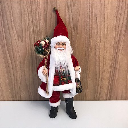 BONECO PAPAI NOEL TRADICIONAL COM SACO DE PRESENTES E LAMPARINA