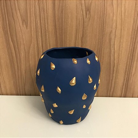 VASO DECORATIVO DE CERAMICA AZUL E DOURADO - GRANDE