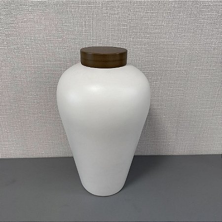 Vaso Garrafa Verona de Ceramica com Tampa em Madeira Pequeno 41x23cm