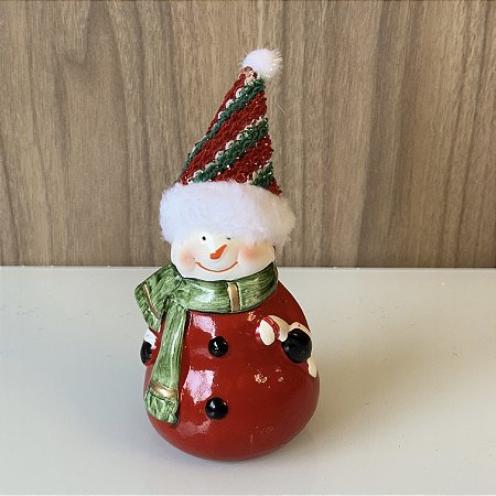 MINI ESCULTURA BONECO DE NEVE EM CERAMICA GORRO COLORIDO COM LED