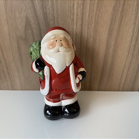 MINI ESCULTURA PAPAI NOEL SACO DE PRESENTE COM LED EM CERAMICA