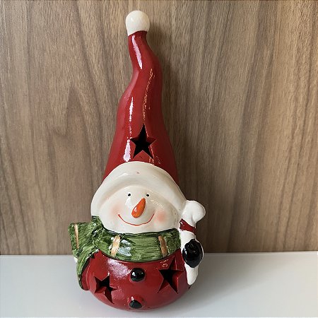 ESCULTURA BONECO DE NEVE EM CERAMICA COM LED