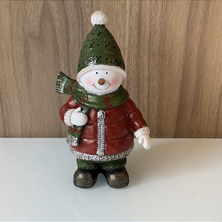 ESCULTURA P BONECO DE NEVE EM RESINA COM CACHECOL E GORRO