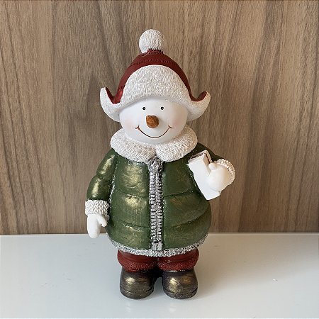 ESCULTURA BONECO DE NEVE EM RESINA COM PRESENTE