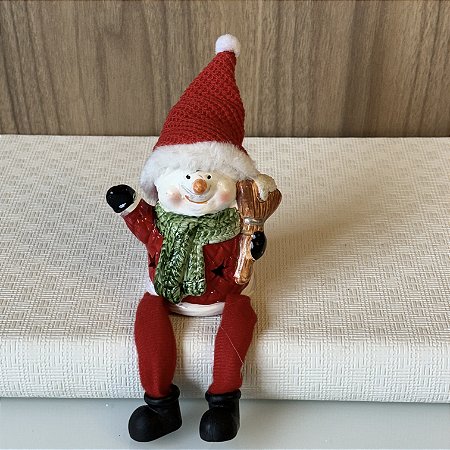 MINI ESCULTURA BONECODENEVE EM CERAMICA COM LED GORRO TECIDO