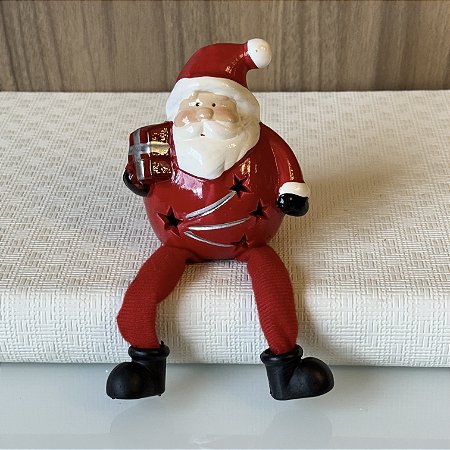 MINI ESCULTURA PAPAI NOEL EM CERAMICA COM PERNINHAS E LED