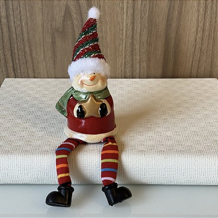 MINI ESCULTURA BONECO DE NEVE COM ESTRELA EM CERAMICA E PERNINHAS