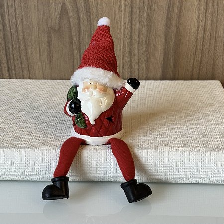 MINI ESCULTURA PAPI NOEL COM LED EM CERAMICA E PERNINHAS