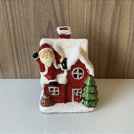 ESCULTURA CASINHA NATAL COM PAPAI NOEL EM CERAMICA COM LED