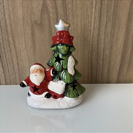 ESCULTURA ARVORE NATAL E PAPAI NOEL EM CERAMICA COM LED