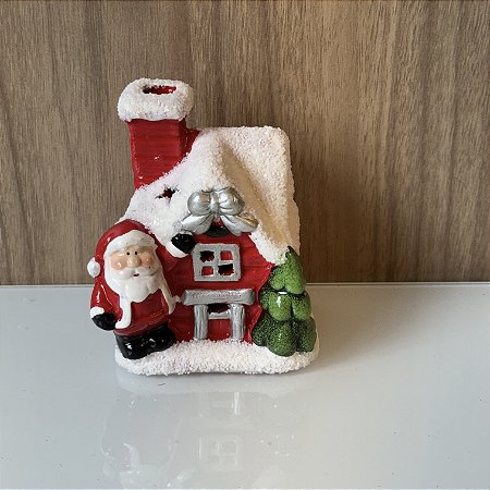 MINI ESCULTURA CASINHA PAPAI NOEL COM ARVORE EM CERAMICA E LED