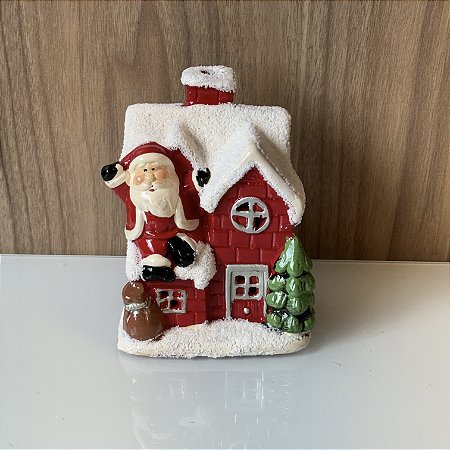 MINI ESCULTURA CASINHA COM PAPAI NOEL EM CERAMICA E LED