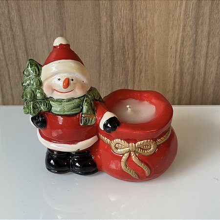 MINI ESCULTURA BONECO DE NEVE EM CERAMICA COM VELA