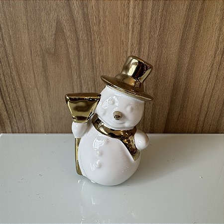 MINI ESCULTURA BONECO DE NEVE BRANCO E DOURADO