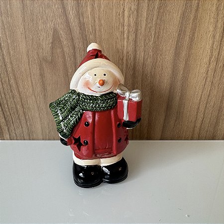 ESCULTURA BONECO DE NEVE COM PRESENTE EM CERÂMICA COM LED
