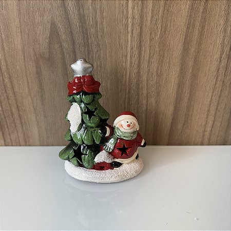 ESCULTURA BONECO DE NEVE E ÁRVORE ESTRELA PRATA EM CERÂMICA COM LED