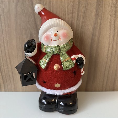 ESCULTURA BONECO DE NEVE COM LANTERNA EM CERÂMICA COM LED