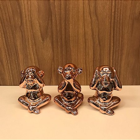 TRIO DE ESCULTURA MACACO DA SABEDORIA ROSE