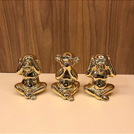 TRIO DE ESCULTURA MACACO DA SABEDORIA DOURADO