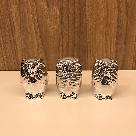 TRIO DE ESCULTURA MINI CORUJAS DA SABEDORIA - PRATA