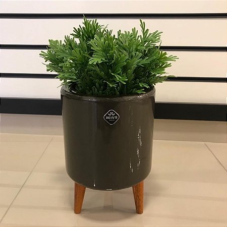 VASO DE FIBRA MARROM COM PEZINHO EM MADEIRA