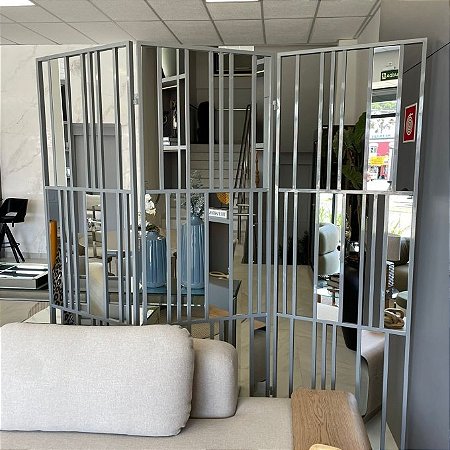 BIOMBO CRONOS METAL CINZA COM  ESPELHO PRATA 210X220 - 3 FOLHAS