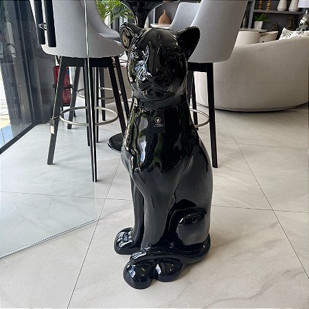 PANTERA SENTADA GRANDE EM FIBRA PRETA BRILHO