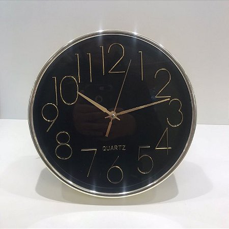 RELOGIO DE PAREDE PRETO E DOURADO -25CM