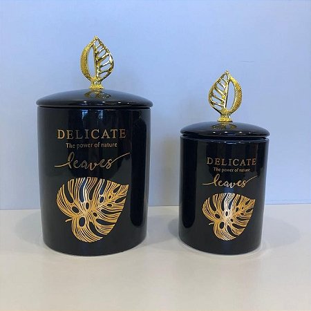 CONJUNTO DE POTES EM CERAMICA PRETO E DOURADO