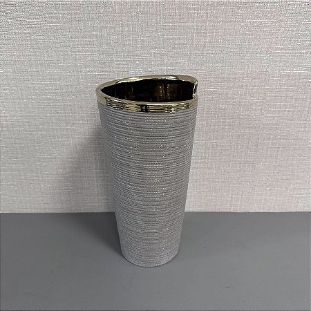 VASO DECORATIVO RUSTICO CINZA E DOURADO -30X14CM