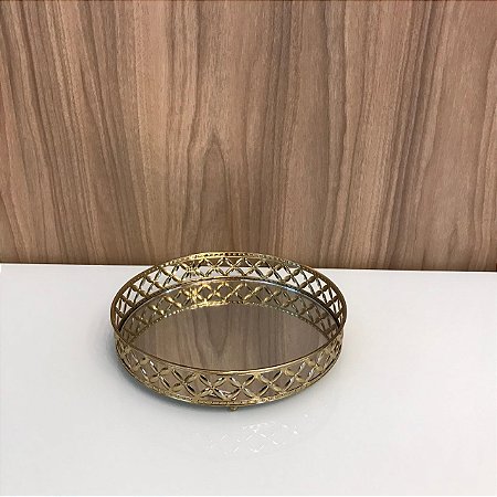 BANDEJA REDONDA DE METAL DOURADO COM ESPELHO PRATA -  GRANDE