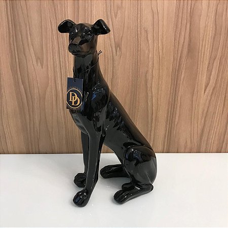 CACHORRO SENTADO DE FIBRA PRETO BRILHOSO GRANDE 58X32CM