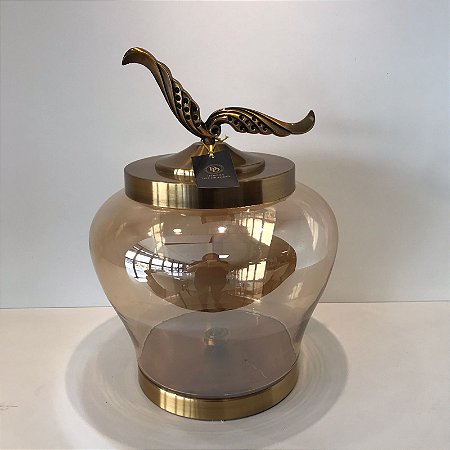 POTE DE VIDRO DECORATIVO COM TAMPA EM METAL DOURADO G 41X31CM