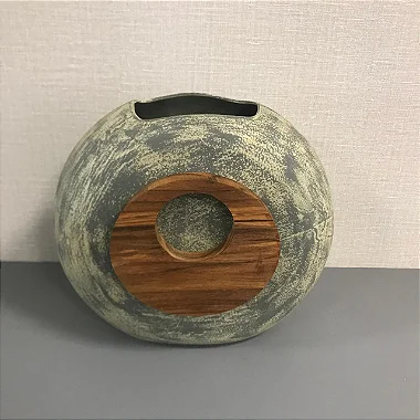 VASO DE CERAMICA REDONDO COM APLIQUE EM MADEIRA GRANDE