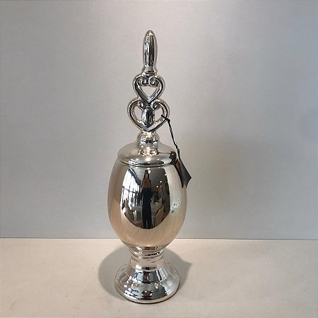 VASO DECORATIVO COM TAMPA ARABESCOS PRATA  PEQUENO 46X14CM