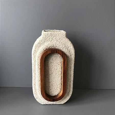 VASO DE CERAMICA SPACE AREIA COM APLIQUE EM MADEIRA GRANDE 29X17CM