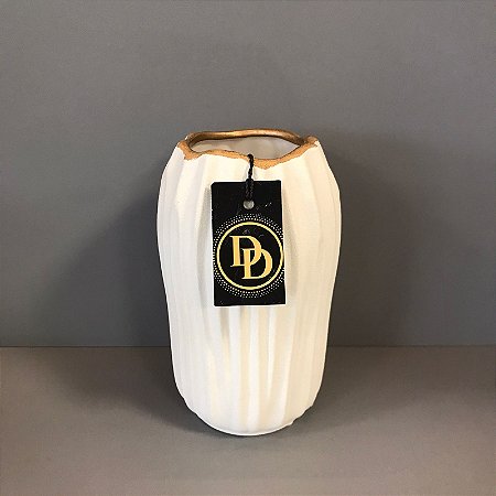 VASO DE CERAMICA RELEVO BRANCO COM A BORDA DOURADA 20X12CM