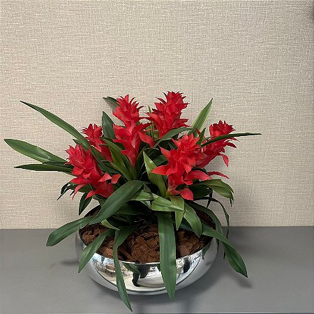 ARRANJO COM TULIPAS VERMELHAS TOQUE REAL E VASO DE VIDRO PRATA