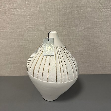 VASO EM CERAMICA BRANCO COM LISTRAS DOURADA PEQUENO