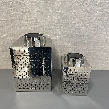 LANTERNA DECORATIVA EM INOX PRATA G 26x20cm P 21x14cm