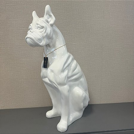 ESCULTURA CACHORRO BULDOG SENTADO BRANCO 75X27CM