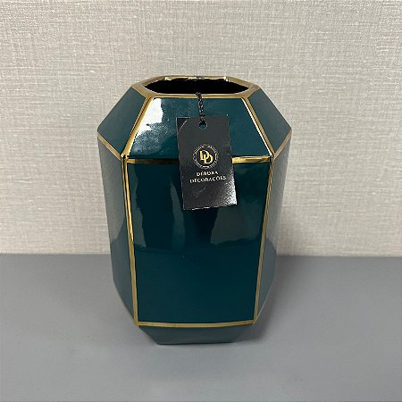 VASO DE CERAMICA DECORATIVO VERDE COM DOURADO GRANDE