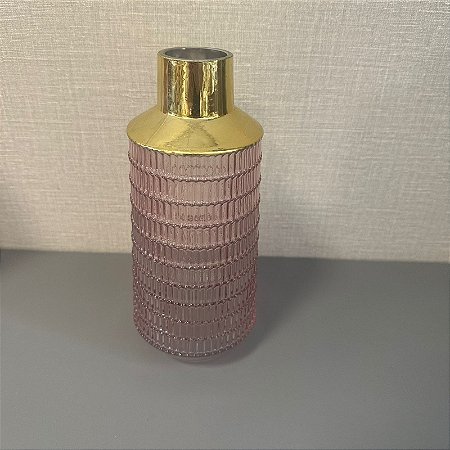 VASO DE VIDRO ROSA COM DOURADO 26CM