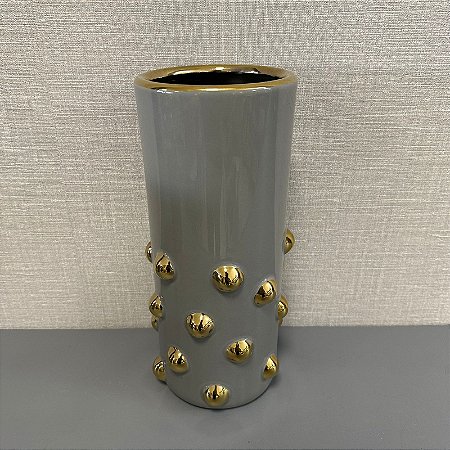VASO DECORATIVO CIN]ZA COM BOLAS DOURADAS 28CM