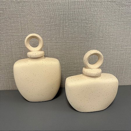 POTICHE SAND EM CERAMICA BEGE TEXTURA E PINTINHAS G 22x15cm M 18x15cm