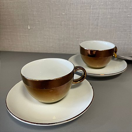 Conjunto de 2 xicaras de café com Pires Branco e Bronze